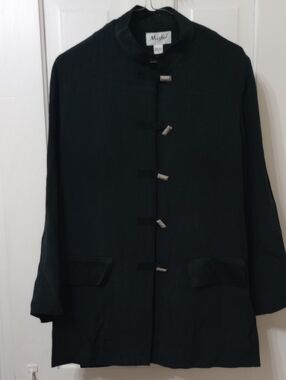 MISHO Vtg.Black Silk Mandarin Collar Jacket W/Rhinestone Buttons